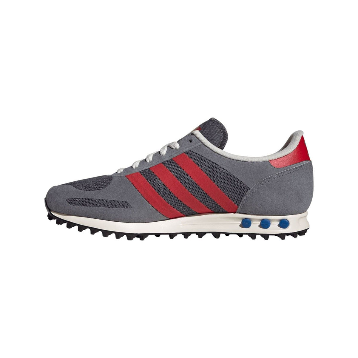 adidas Originals LA Trainers grey sneaker with red three-stripe design and blue outsole pods
