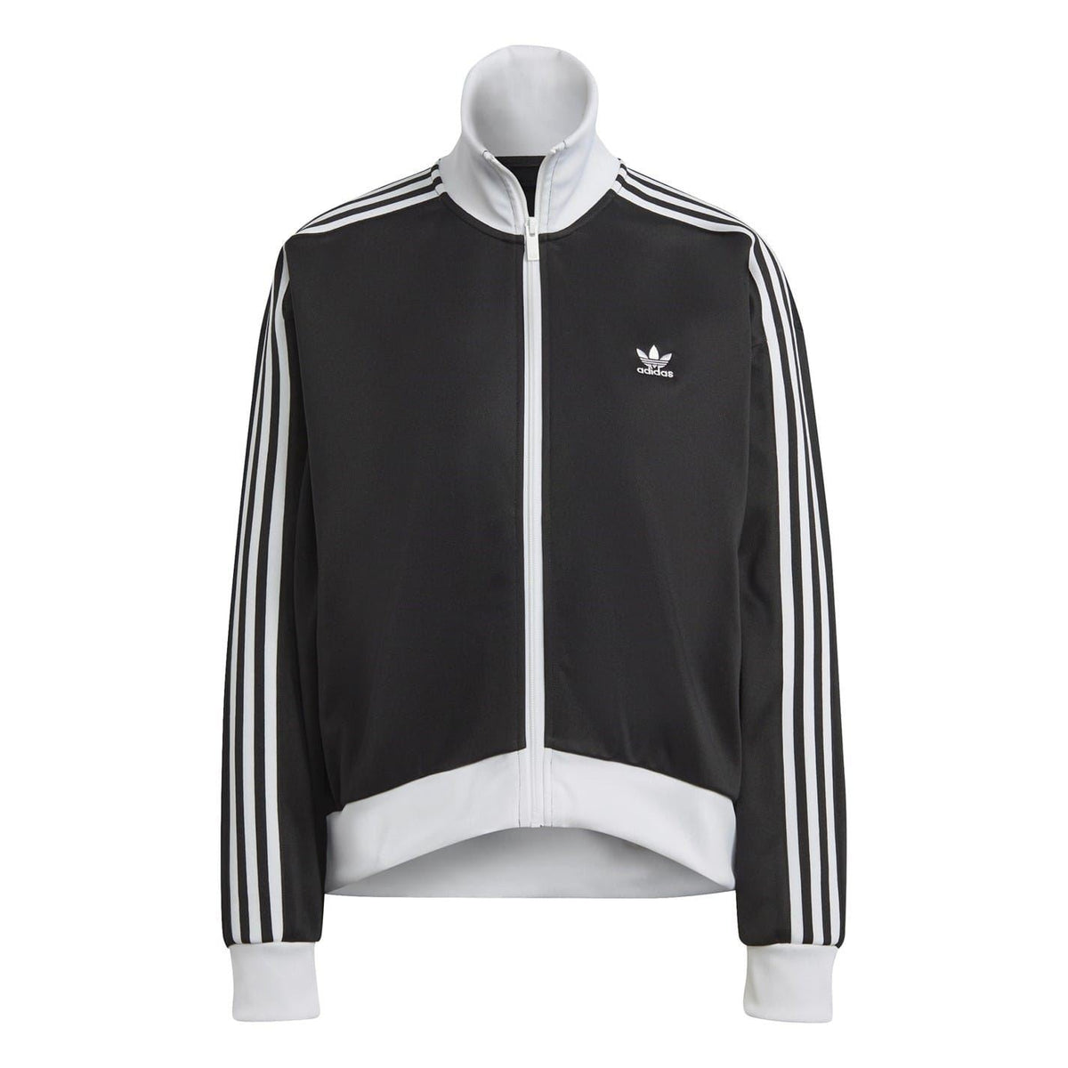 adidas Originals high neck ribbed cuff track jacket, grey sweatshirt with zip closure and athletic fit, on white background