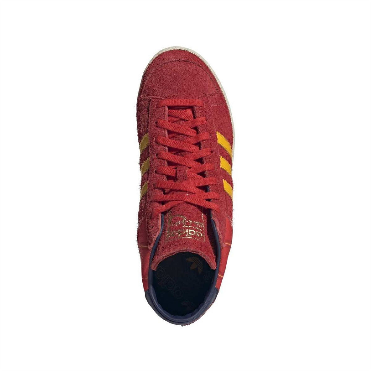 Burgundy suede high-top sneaker with red laces and yellow triple stripes, navy heel