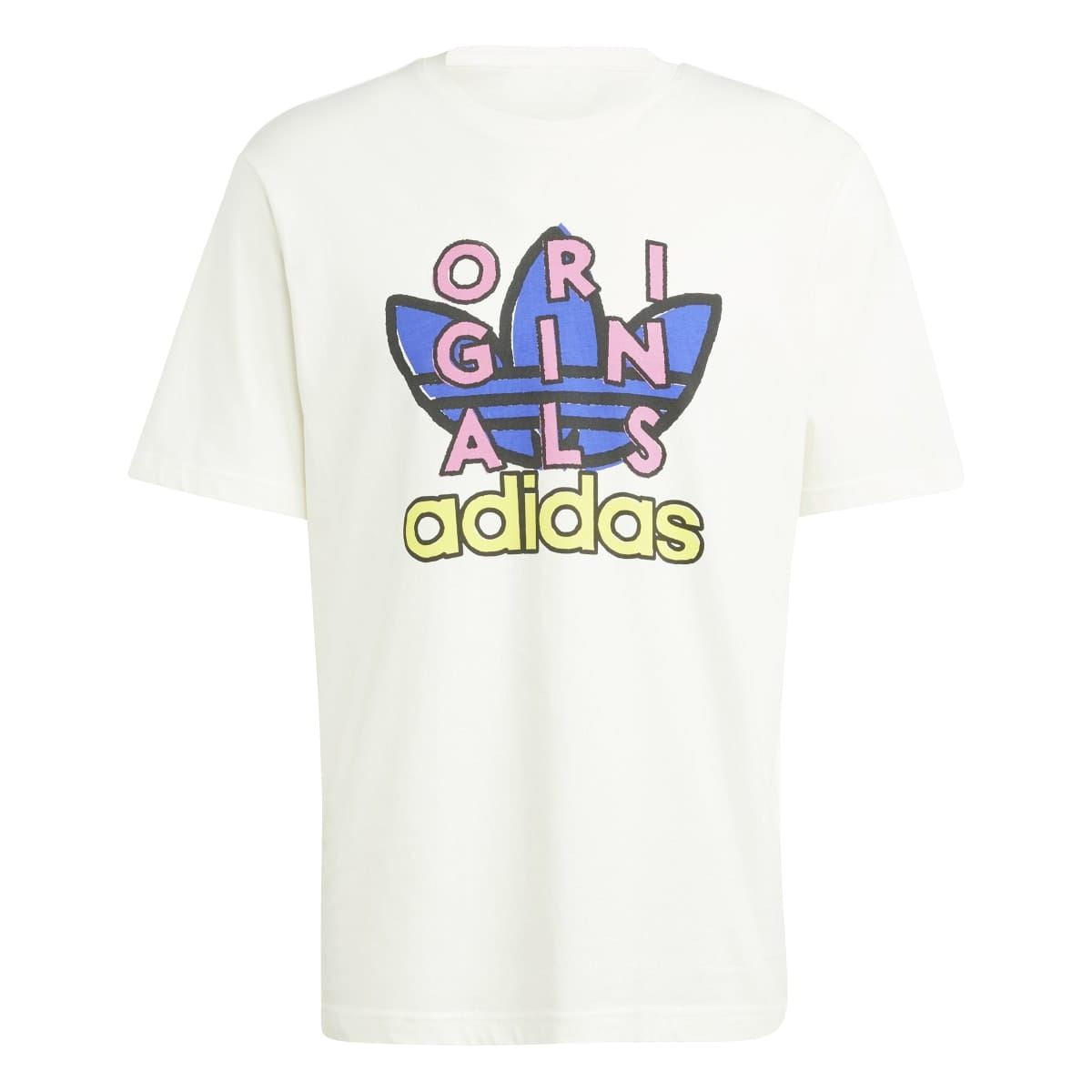 Off-white short-sleeve T-shirt with multicolor 'ORIGINALS' adidas chest graphic