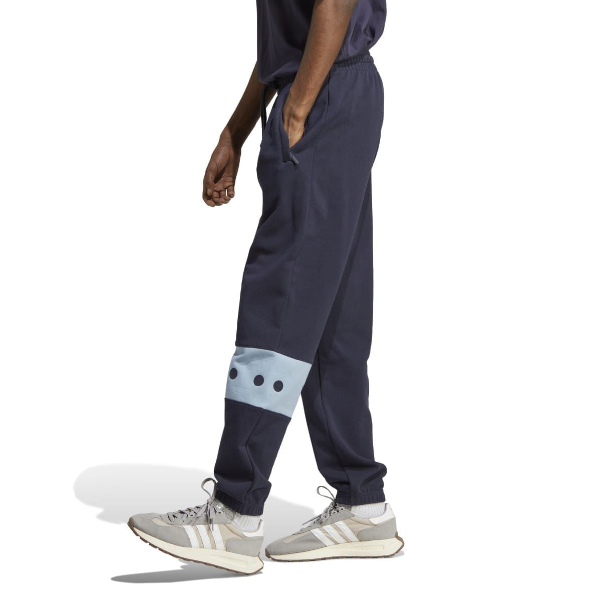 Navy mens city joggers with drawstring waist and light-blue stripe graphic on legs