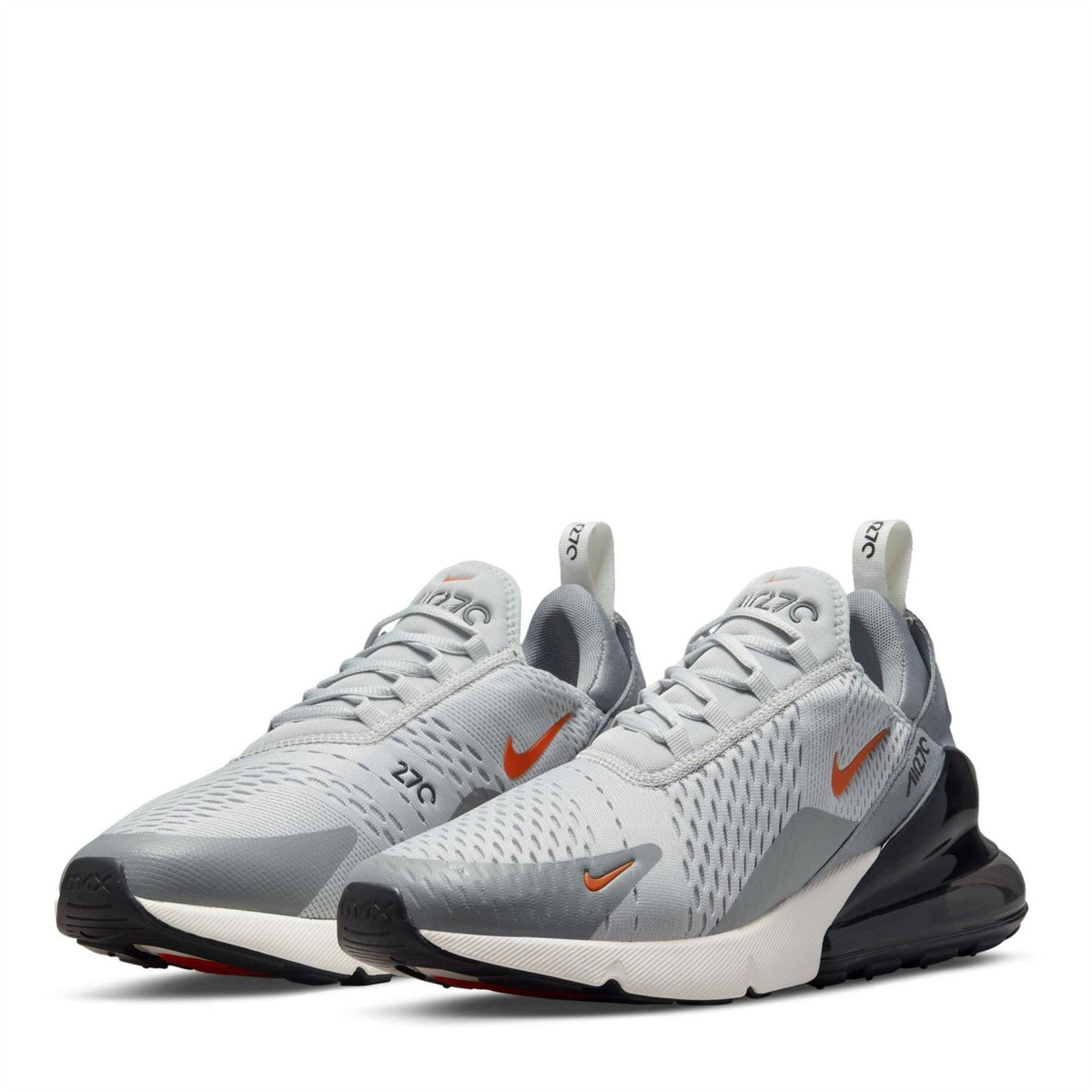 Nike Air Max 270 trainers in light grey with orange details and dark heel Air unit