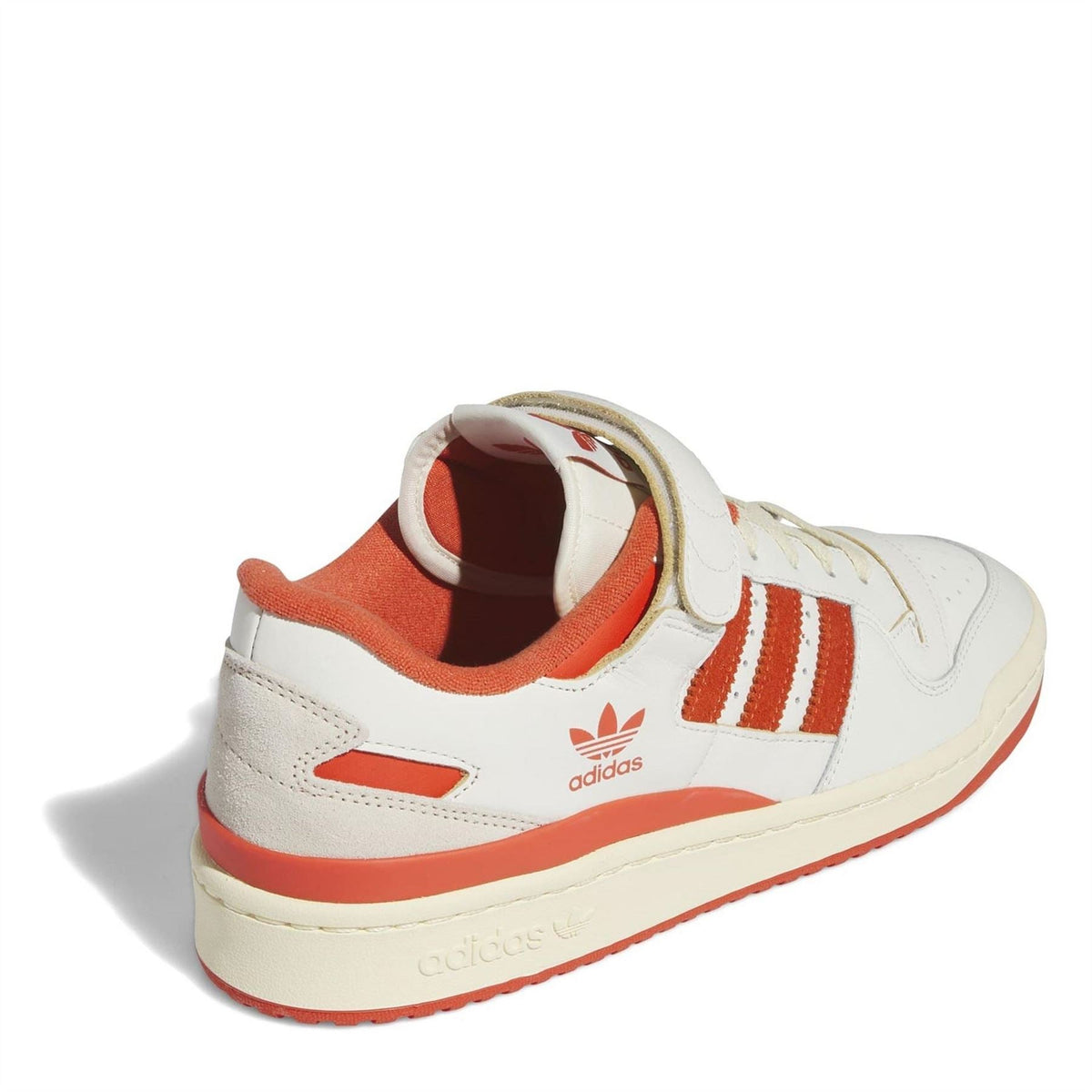 Low-top sneakers: rear view of ivory upper with orange heel counter and lace strap
