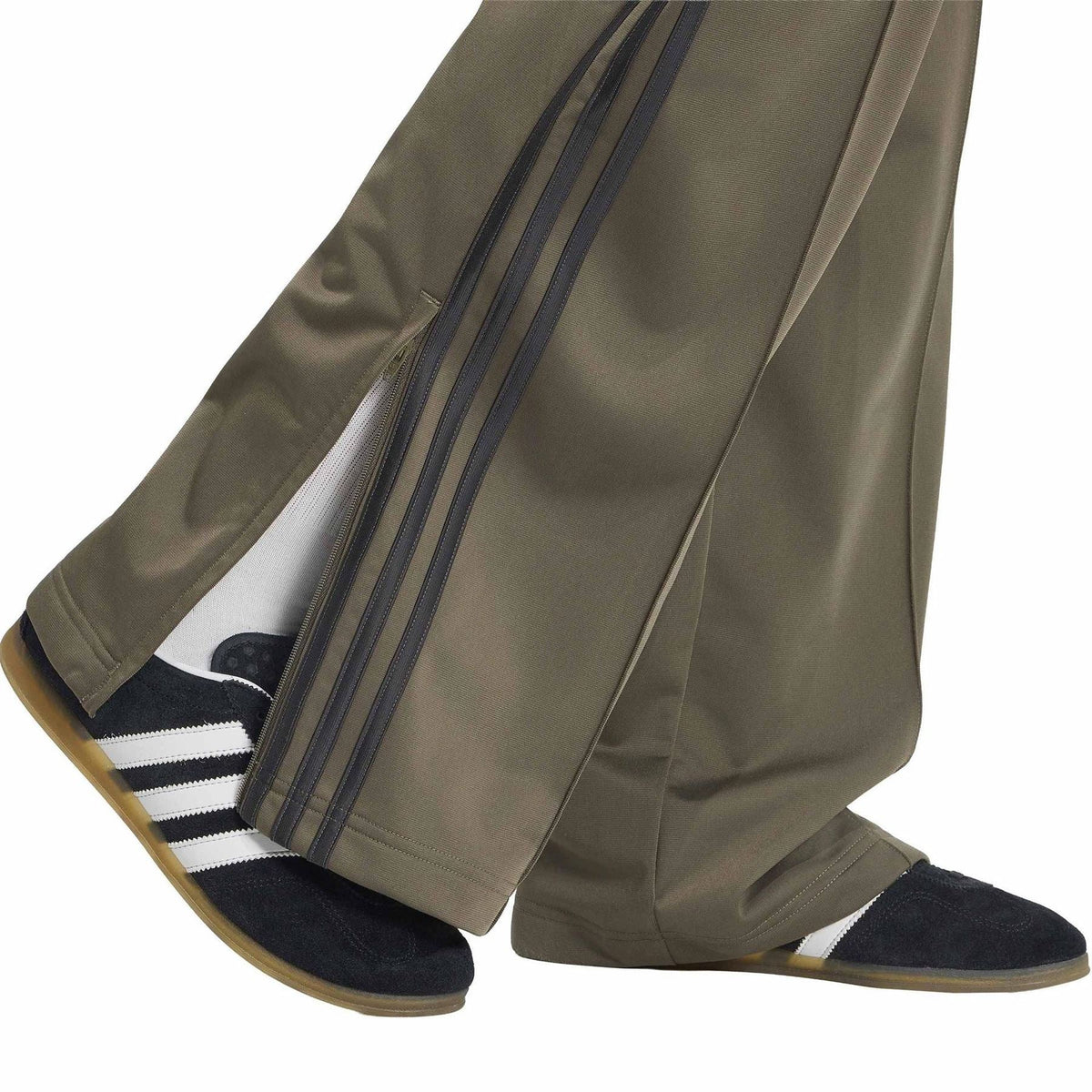 Olive green joggers with triple stripe down leg and wide open cuff