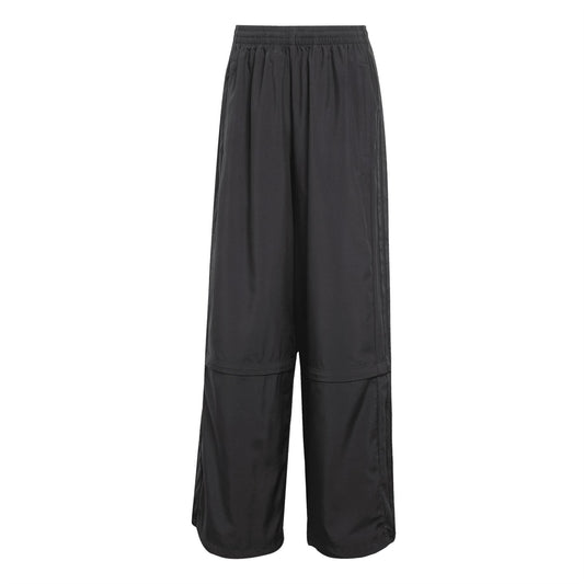 Black wide-leg track pants with elastic waistband and two-button cuffs at hem.