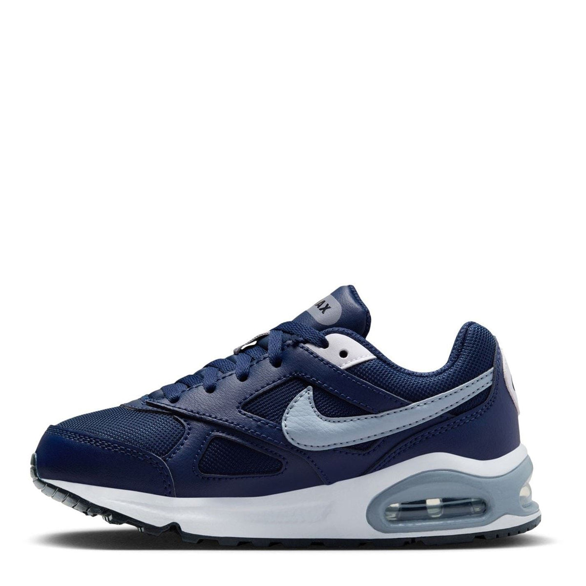 Nike Air Max Ivo trainers, side view: navy knit with white swoosh and air window