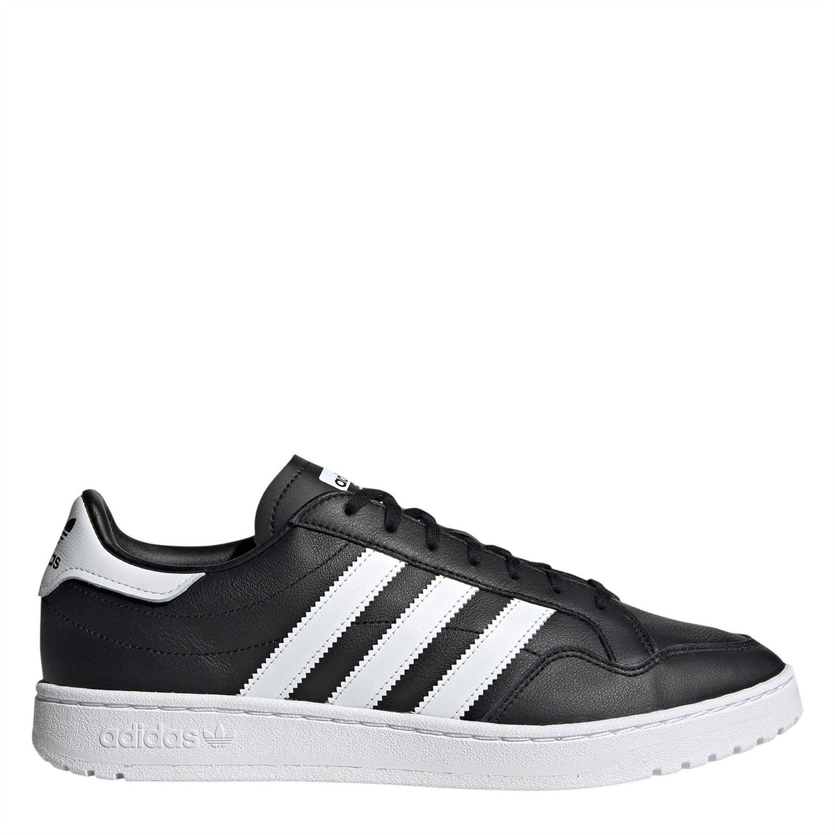 Black low-top sneakers with white three-stripe detailing and lace-up closure