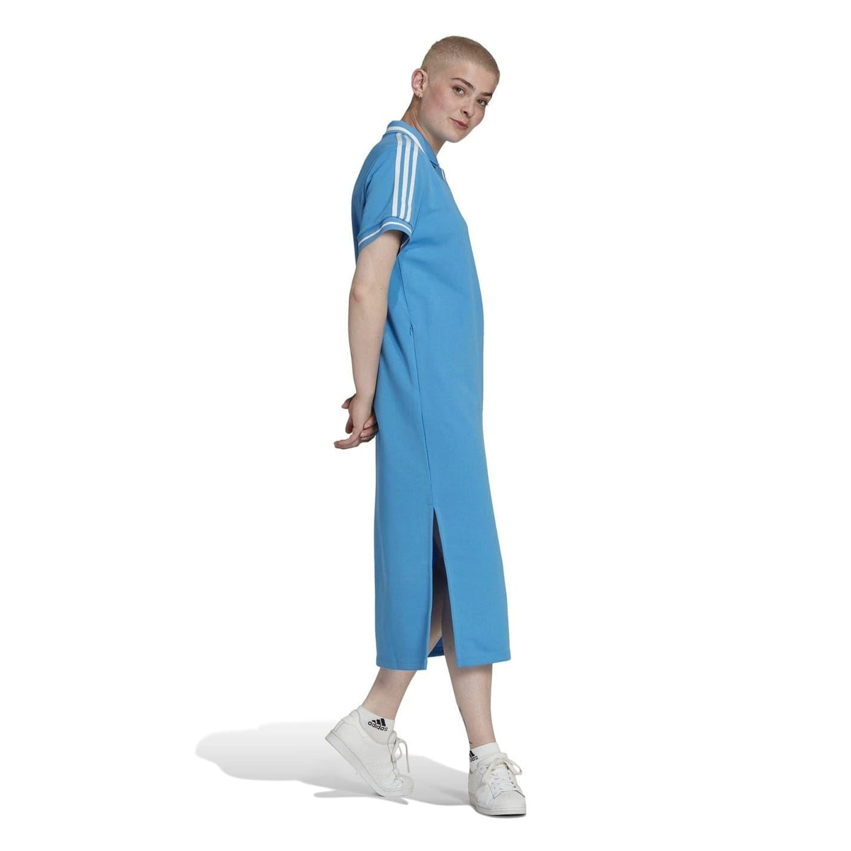 adidas Originals maternity polo midi dress, blue, side view with front slit