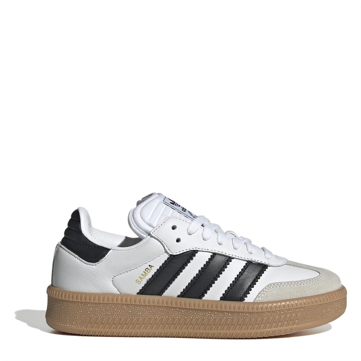 Kids white leather sneakers with black stripes and gum rubber sole