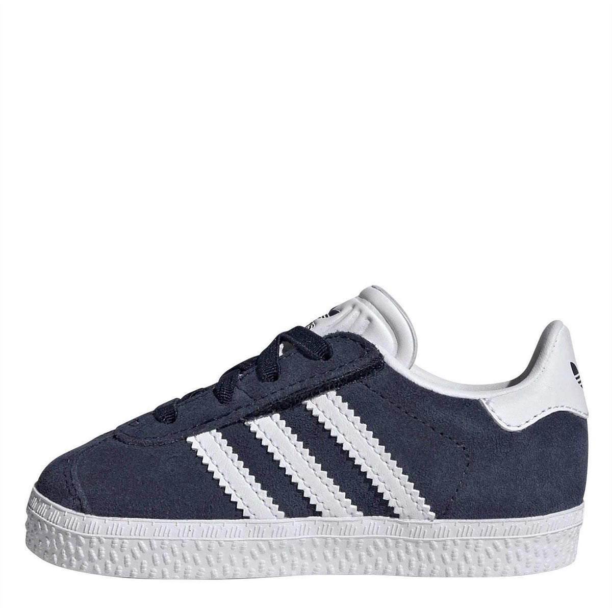 Navy infants Gazel sneakers, side view with white triple stripes and textured sole