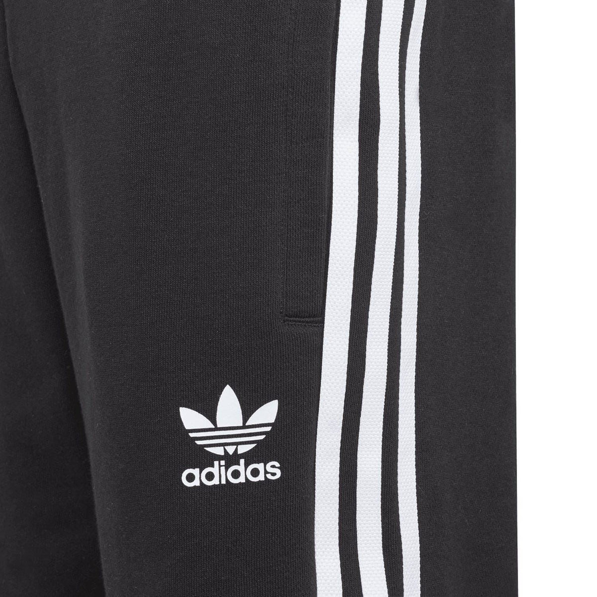 Adidas trefoil logo on black shorts with white side stripes