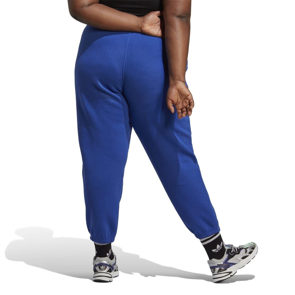 Blue tall mom joggers with elastic waistband and cuffed hem