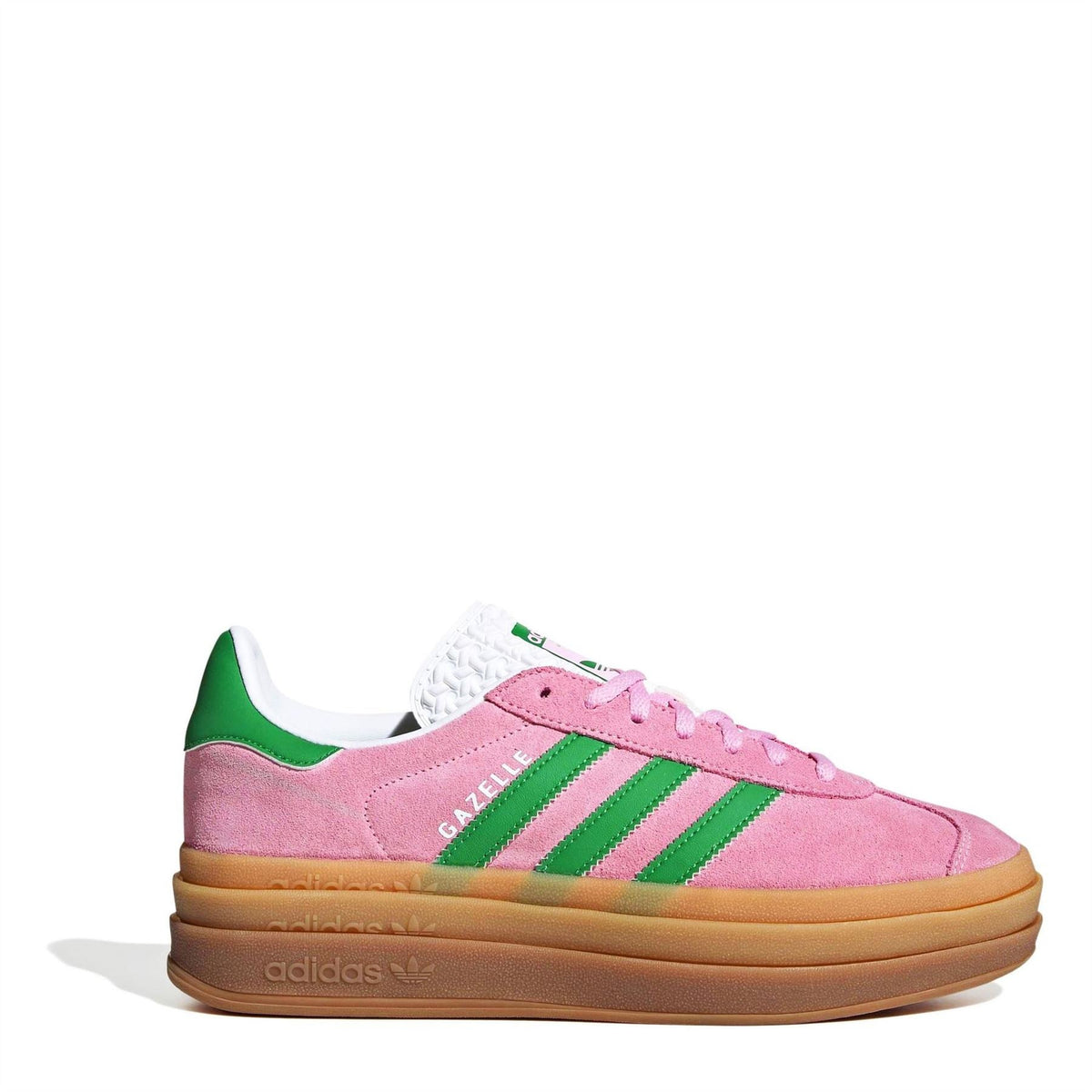 adidas Originals Gazelle Bold trainers in pink suede with green stripes and gum sole