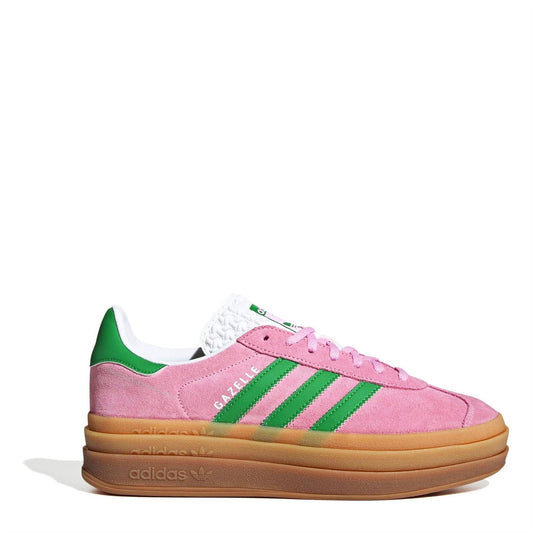 adidas Originals Gazelle Bold trainers in pink suede with green stripes and gum sole