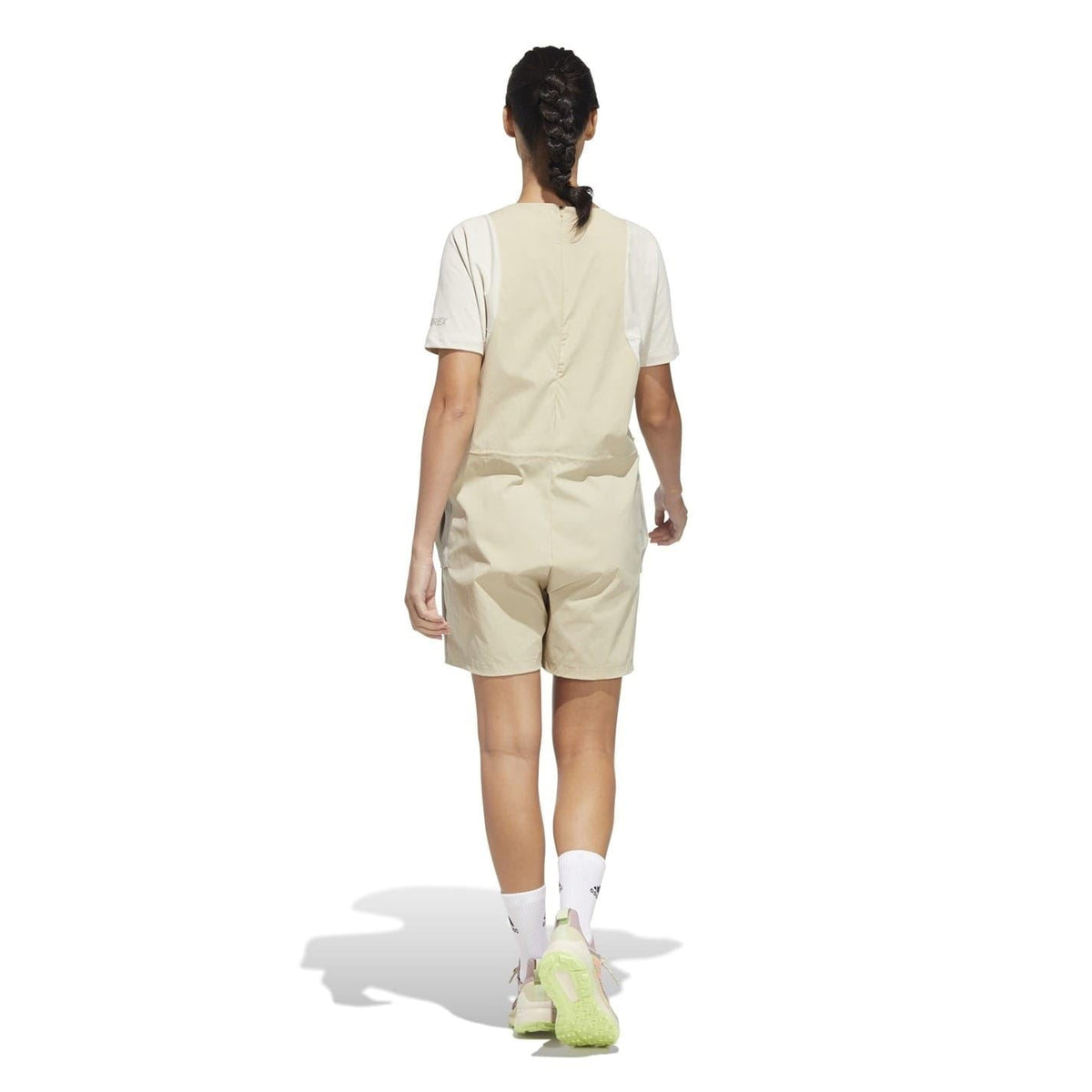 adidas Originals Voyager Overalls styled as a casual jumpsuit with a relaxed fit and adjustable straps, shown on a model.