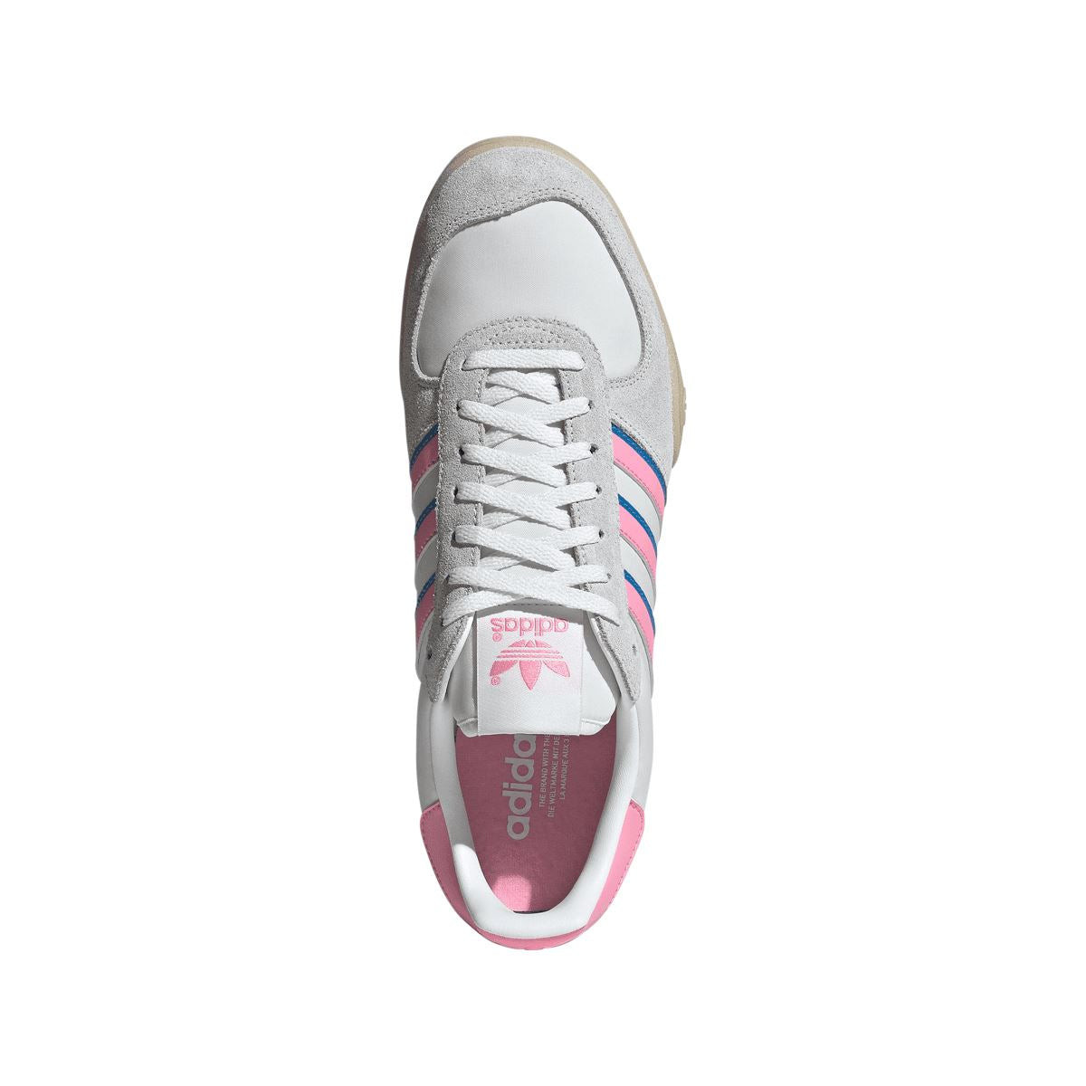 adidas Originals indoor sneaker shown from front, grey suede with lace-up and striped side