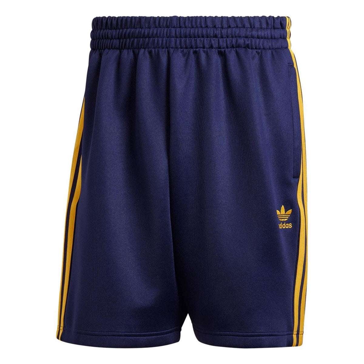 Dark blue adidas Originals shorts with elastic waistband and yellow side stripe trim