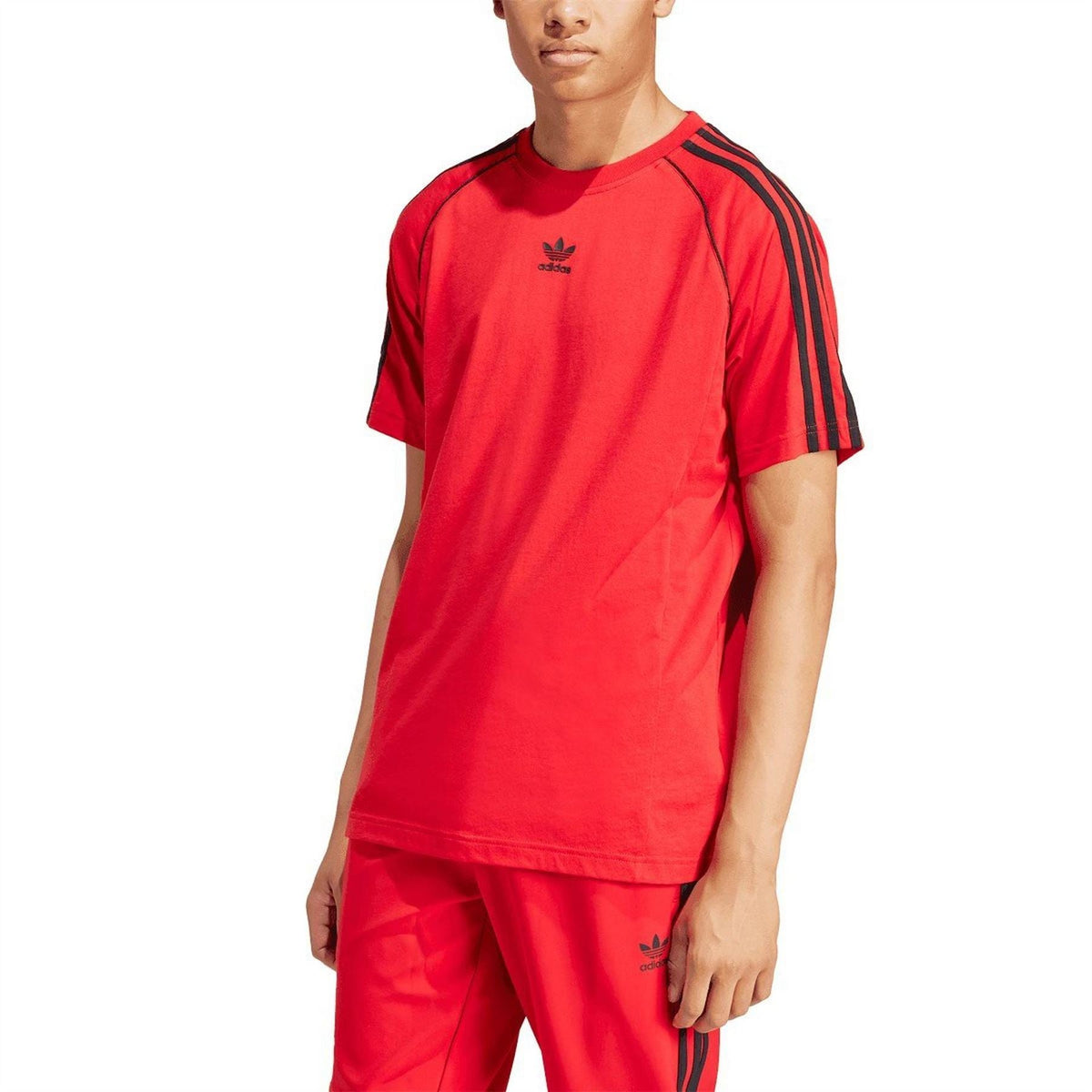 Red adidas Originals crew-neck T-shirt with black sleeve stripes and chest trefoil