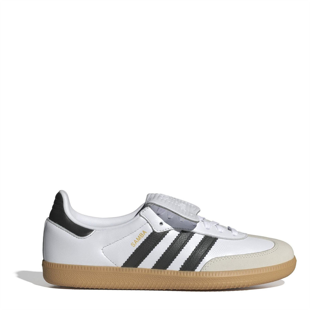 White low-top lace-up sneakers with black triple stripes, tan sole, and padded tongue.
