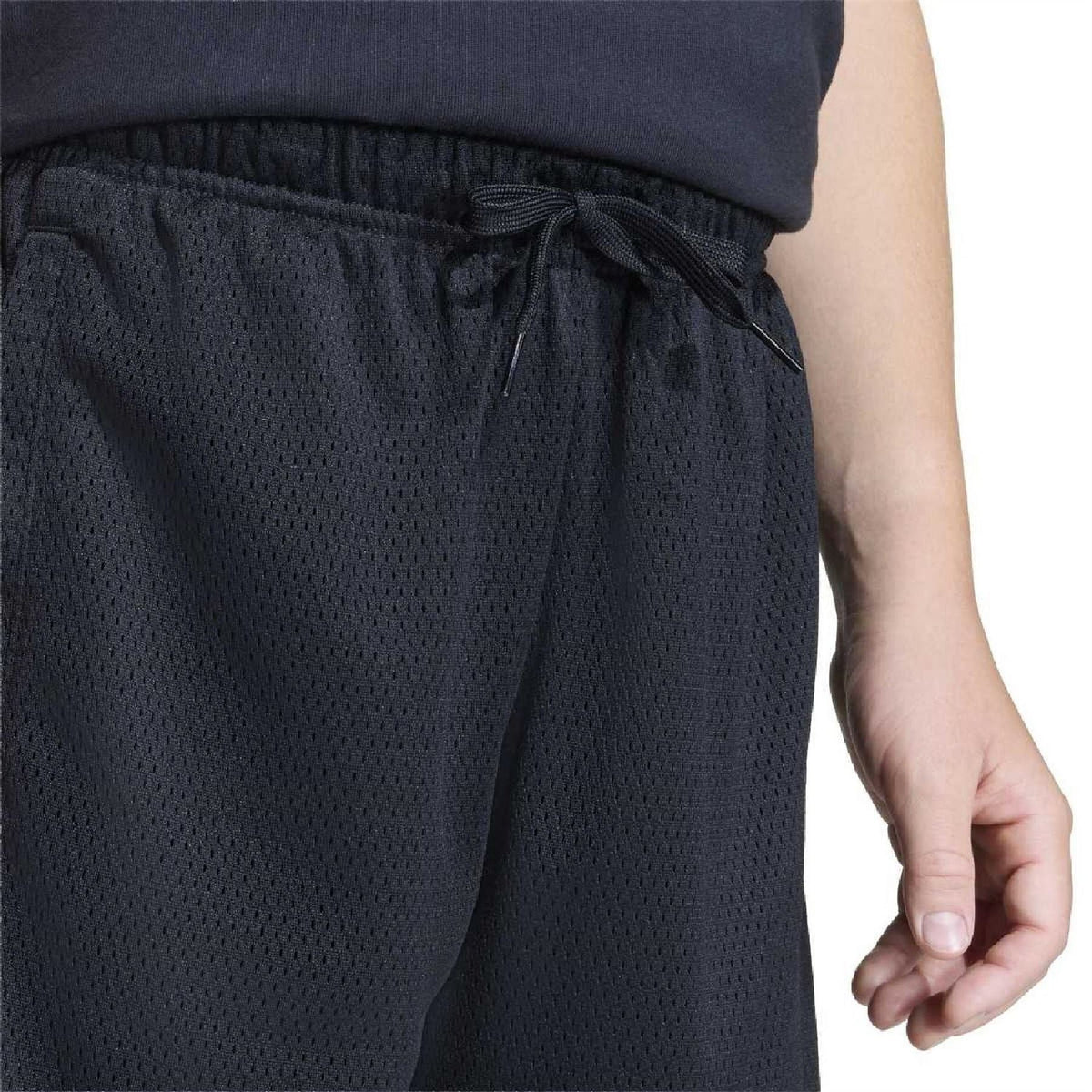 Black mesh-textured shorts with elastic waistband and black drawstring tie