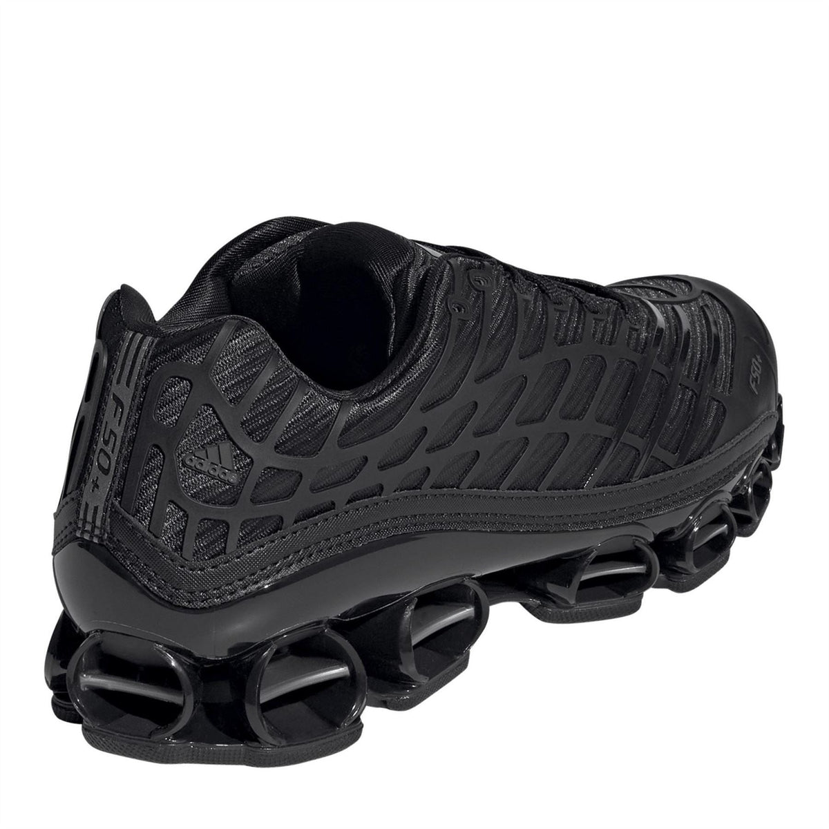 Black adidas Megaride F50 shoe with padded collar and visible circular pod outsole