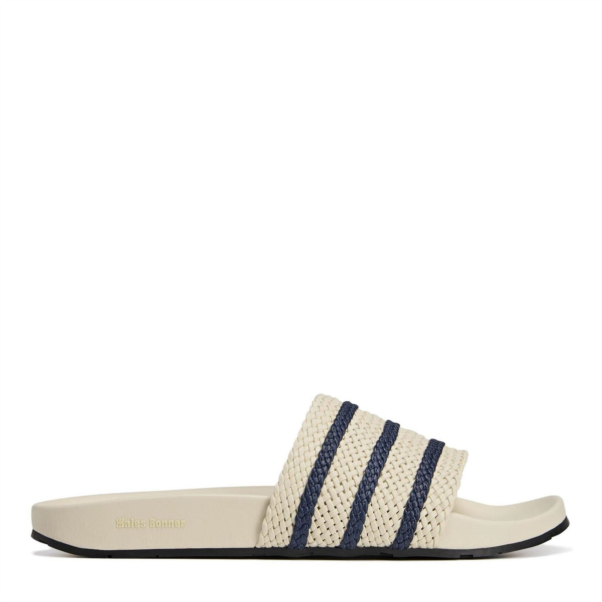 Wonder White adidas adilette slides with woven strap and navy triple stripes