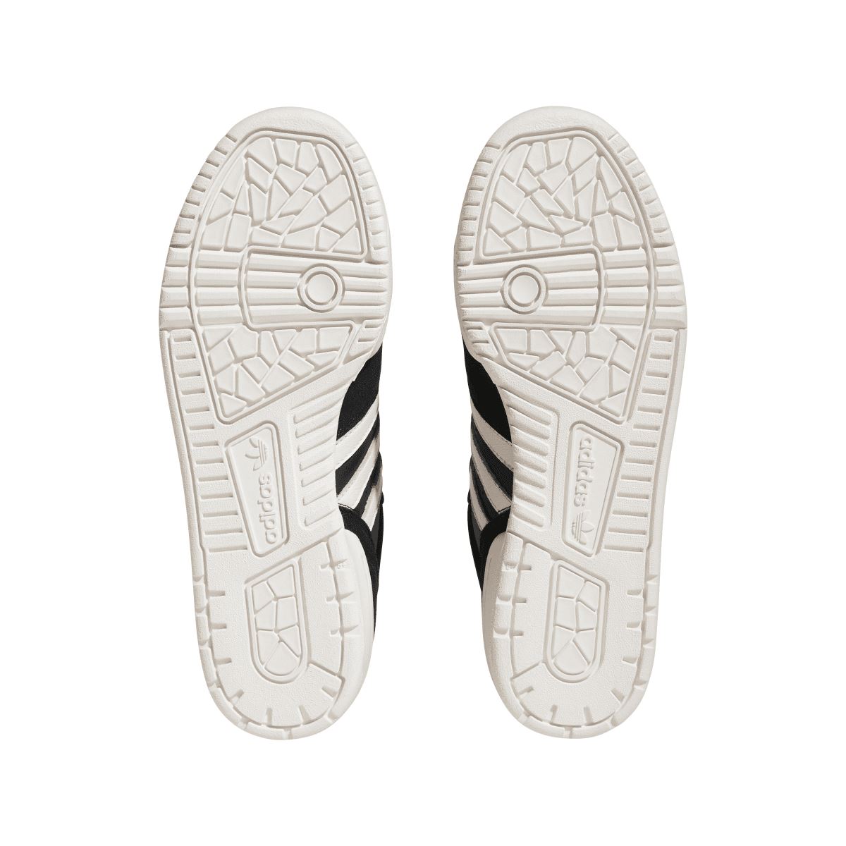 White rubber outsoles with textured tread and curved heel grip pattern