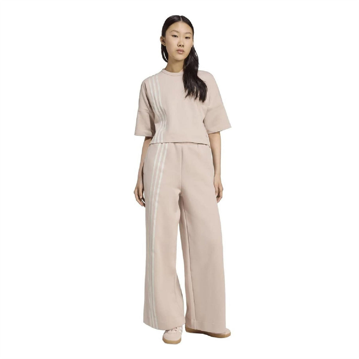 Light taupe crew-neck drop-shoulder t-shirt with vertical side stripe detail