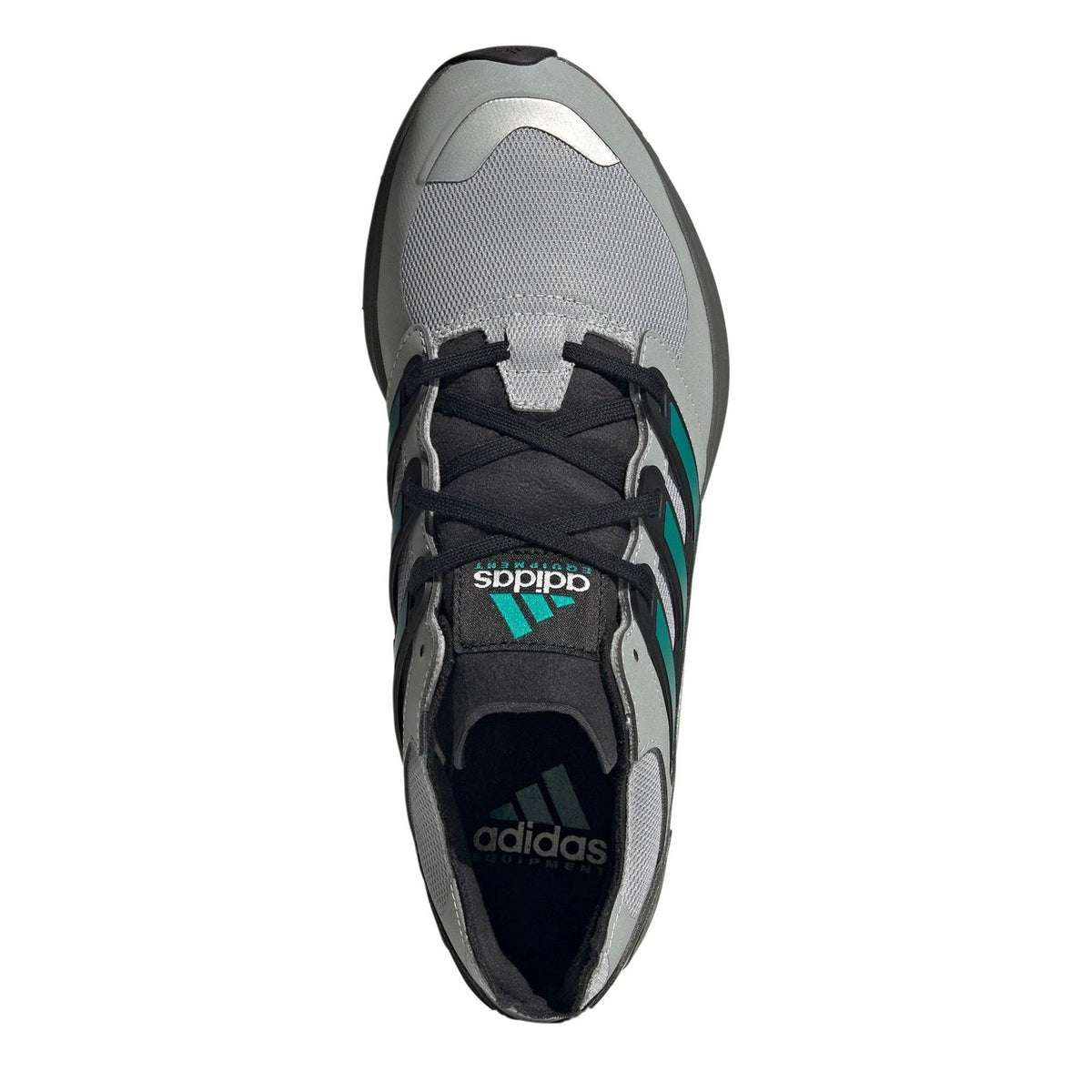 Front view of light gray and black lace-up sneakers with teal stripe accents