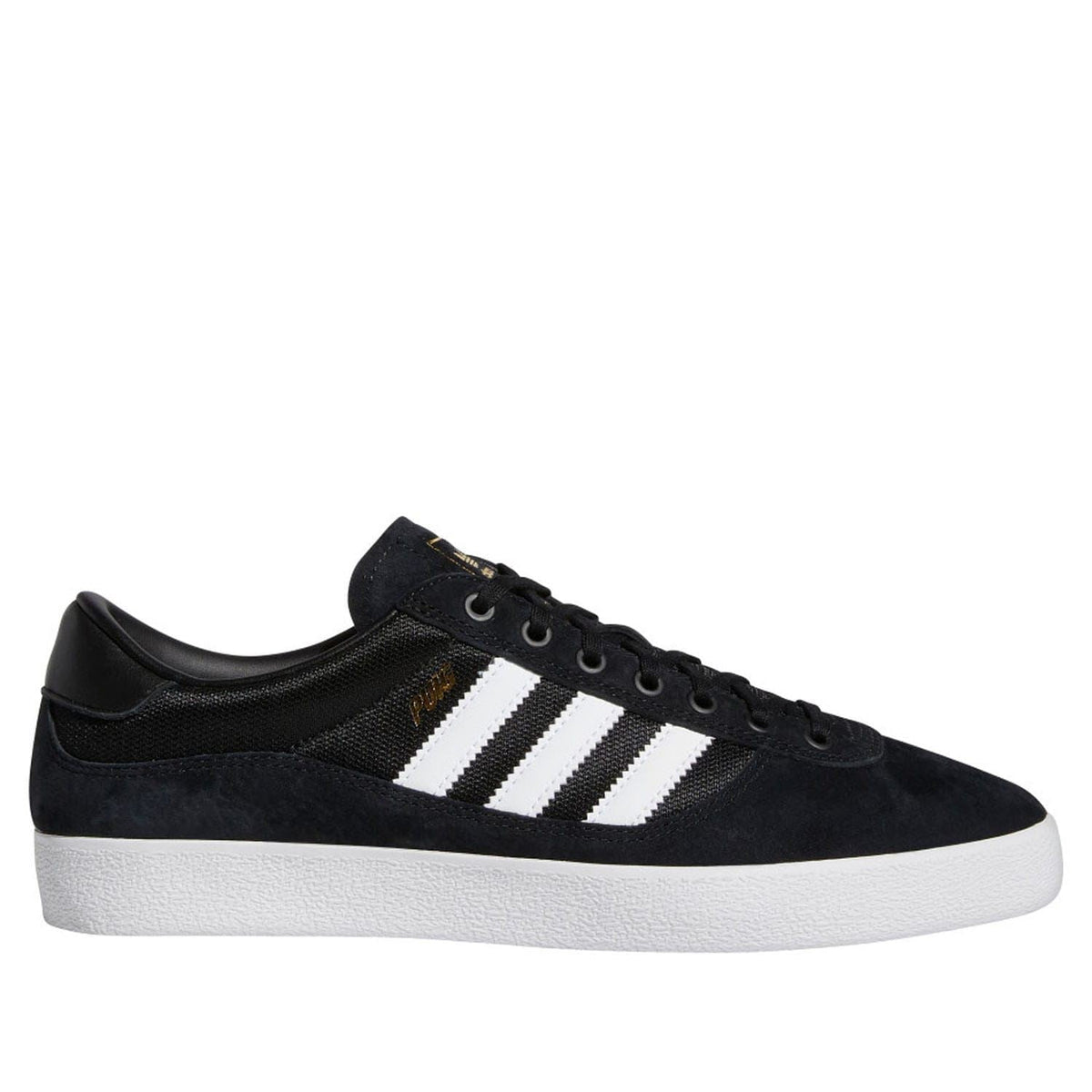Black low-top indoor trainer with three white adidas stripes and lace-up front.
