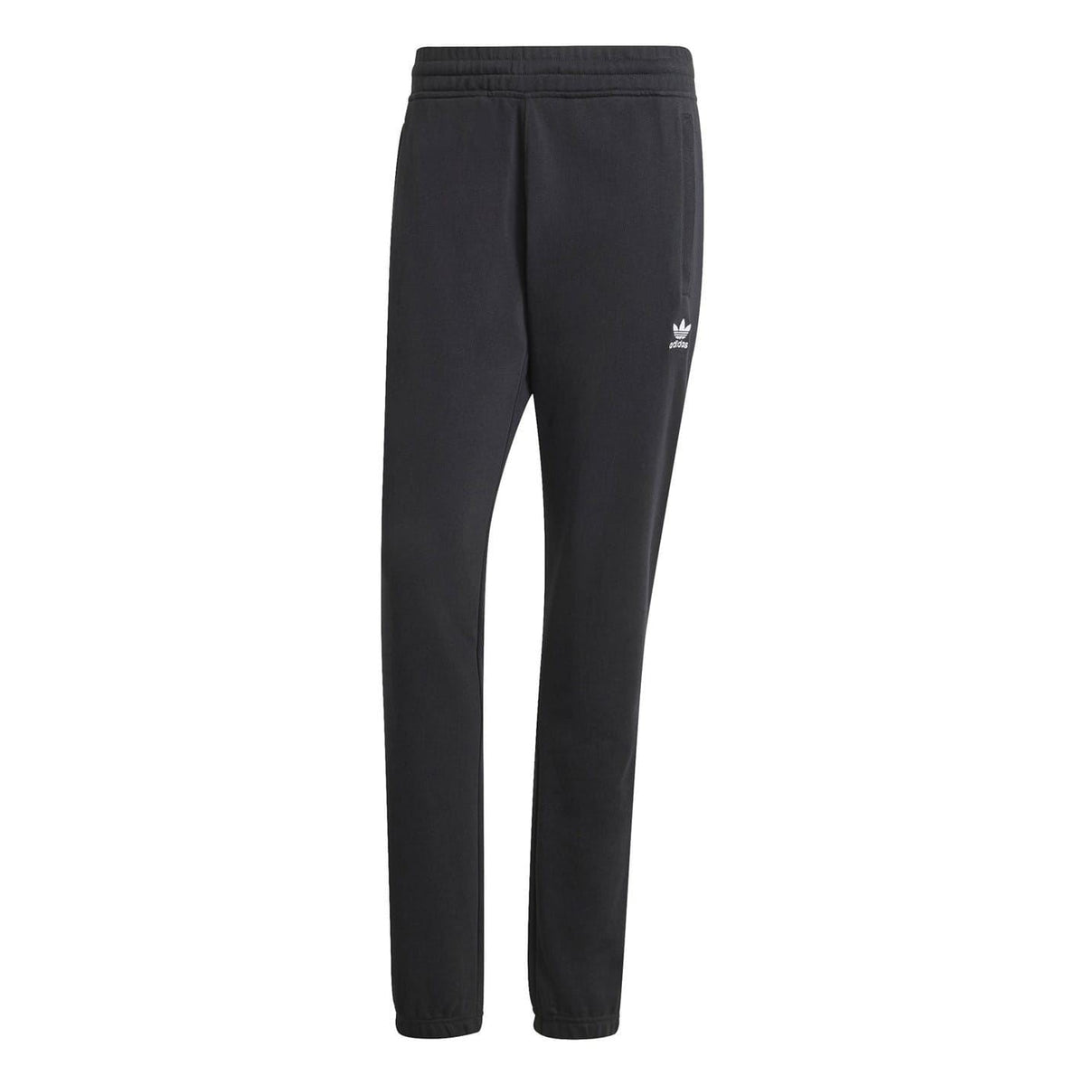 Black joggers with elastic waistband, tapered legs, and small adidas logo on side