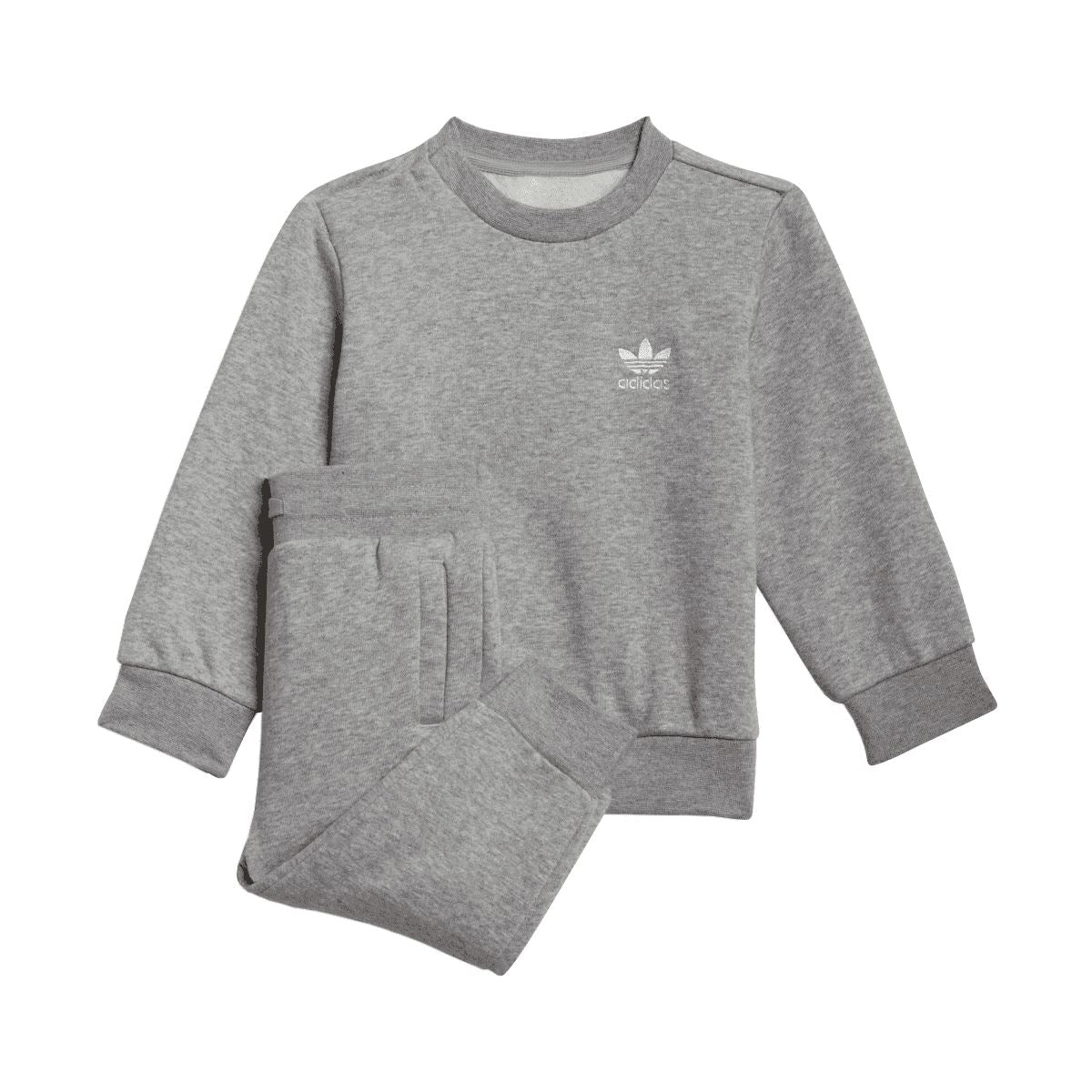 Grey infant crew sweatshirt and jogger pants set with small adidas logo.