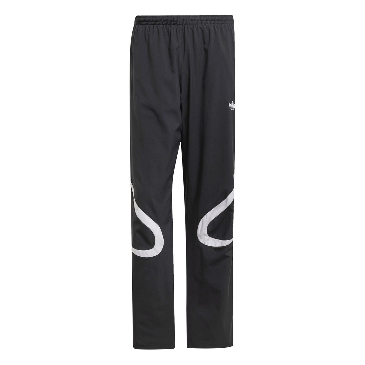 adidas Originals black track pants, elastic waist, white side graphics