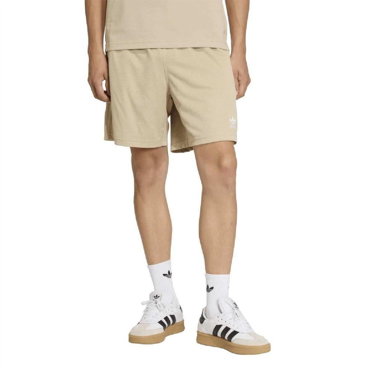 adidas stone khaki shorts with elastic waist and side pockets, small trefoil logo