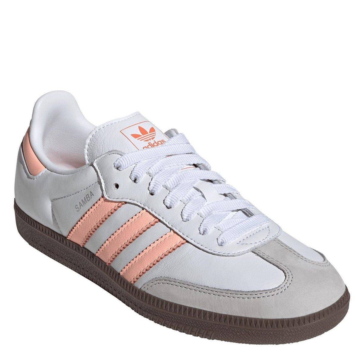 adidas Originals Samba OG trainers in white and black leather, featuring classic low-top design and iconic branding.