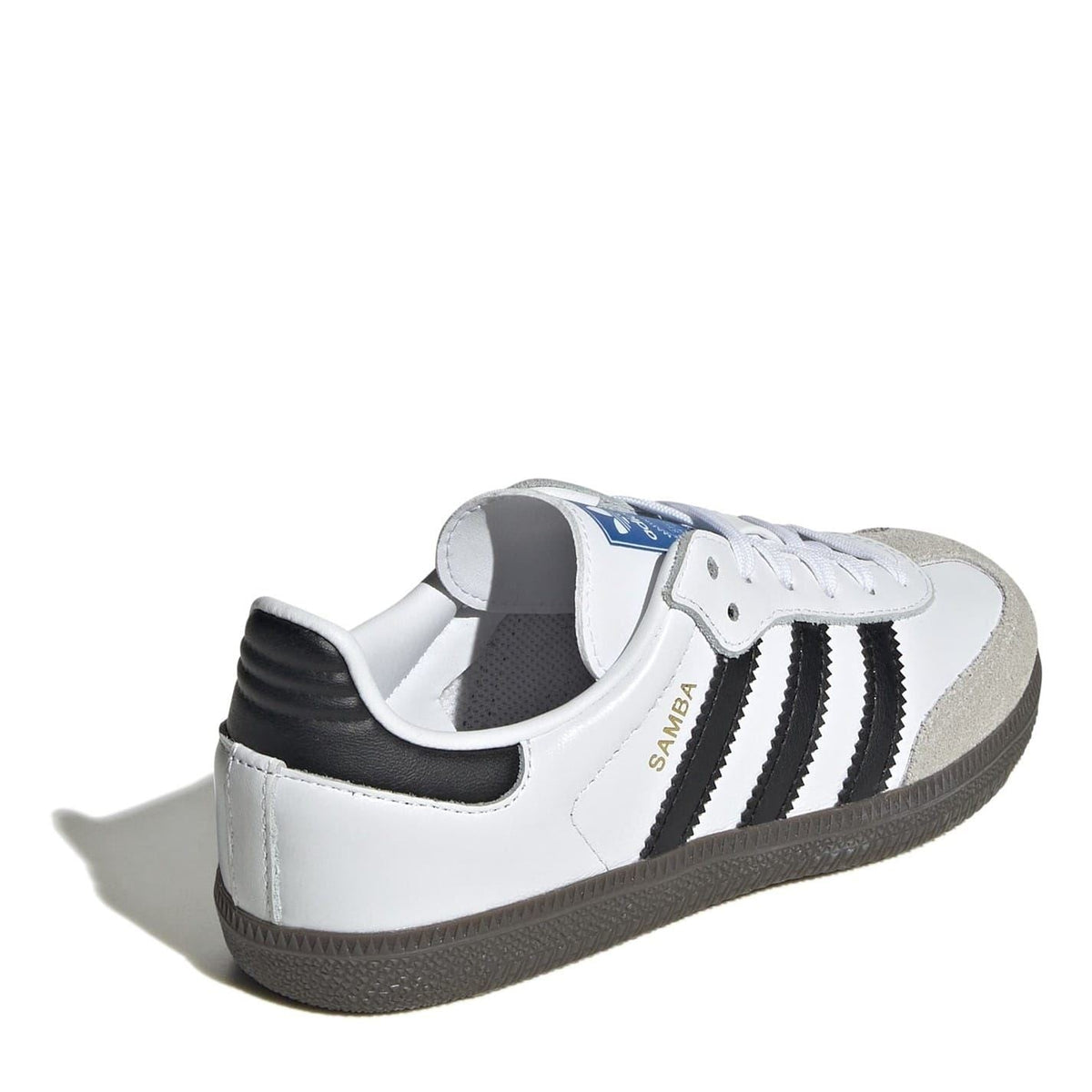 adidas Originals Samba low-top sneakers, rear view with white upper and black heel collar