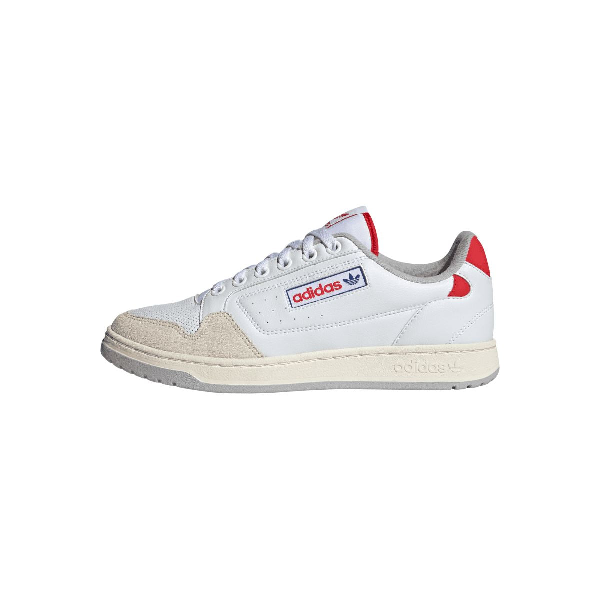 White low-top NY 90 trainers with adidas logo, red heel detail and grey suede panels