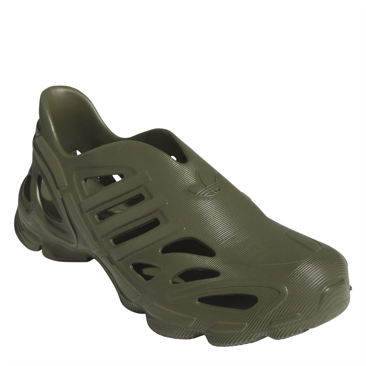 Olive knit-look slip-on running shoe with three-bar cage detail