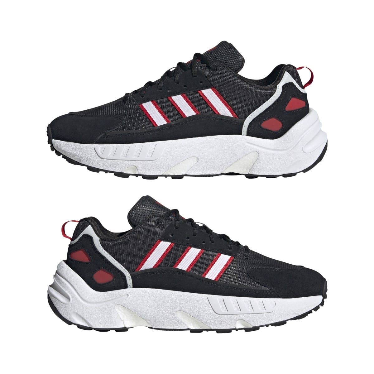 Two ZX 22 Boost trainers shown together in black with red and white adidas-style stripes