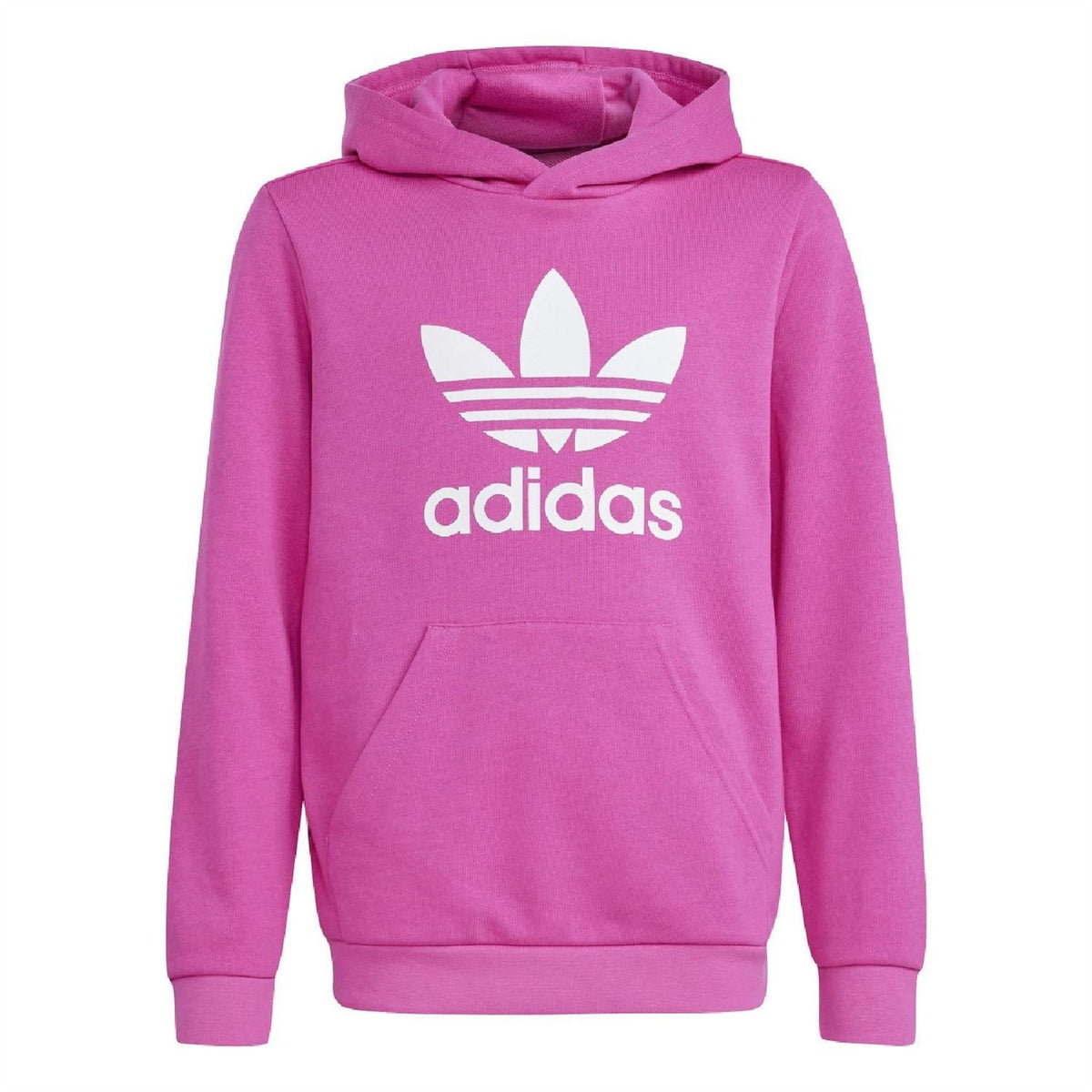 Pink adidas Trefoil hoodie with kangaroo pocket and ribbed cuffs