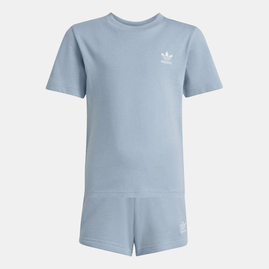 Light blue adidas kids T-shirt and shorts set, crew neck short sleeves with logo.