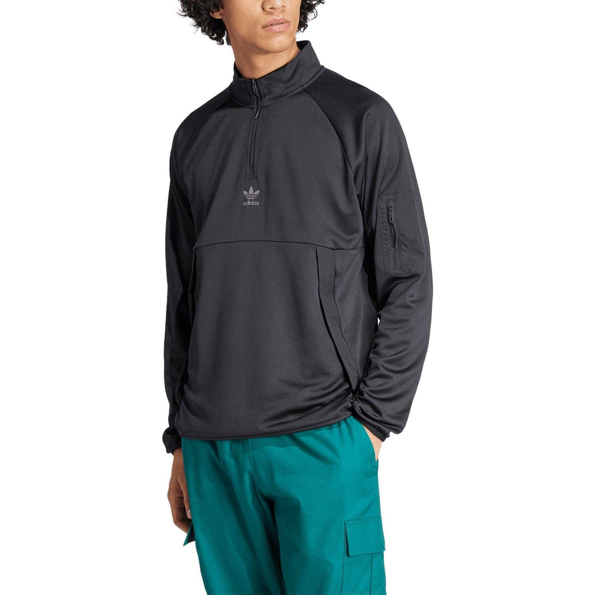 Black adidas quarter-zip top with stand collar and front kangaroo-style pocket