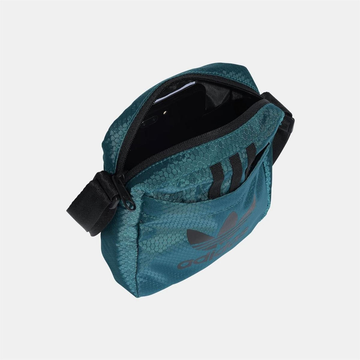Men's adidas Originals Item Bag showing the sleek black design with adjustable shoulder strap and logo branding.