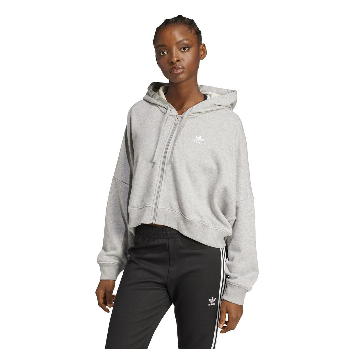 Light grey hooded zip sweatshirt with drawstring ties and front zip pocket