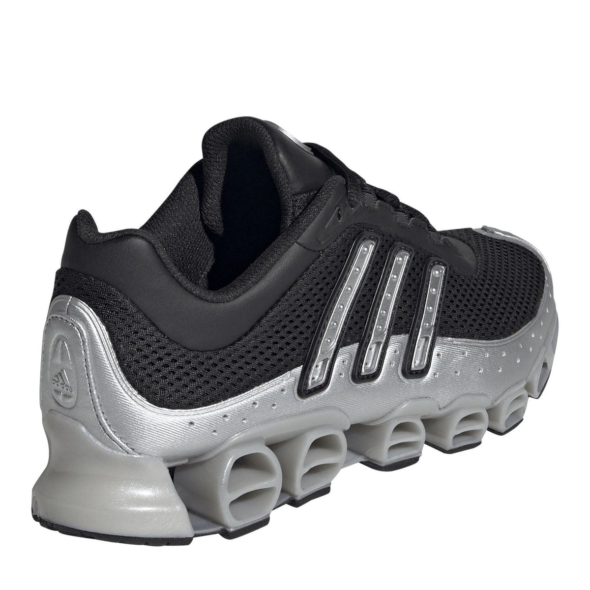 Black and silver heel and side view lace-up sneaker with padded collar and foam-like sole