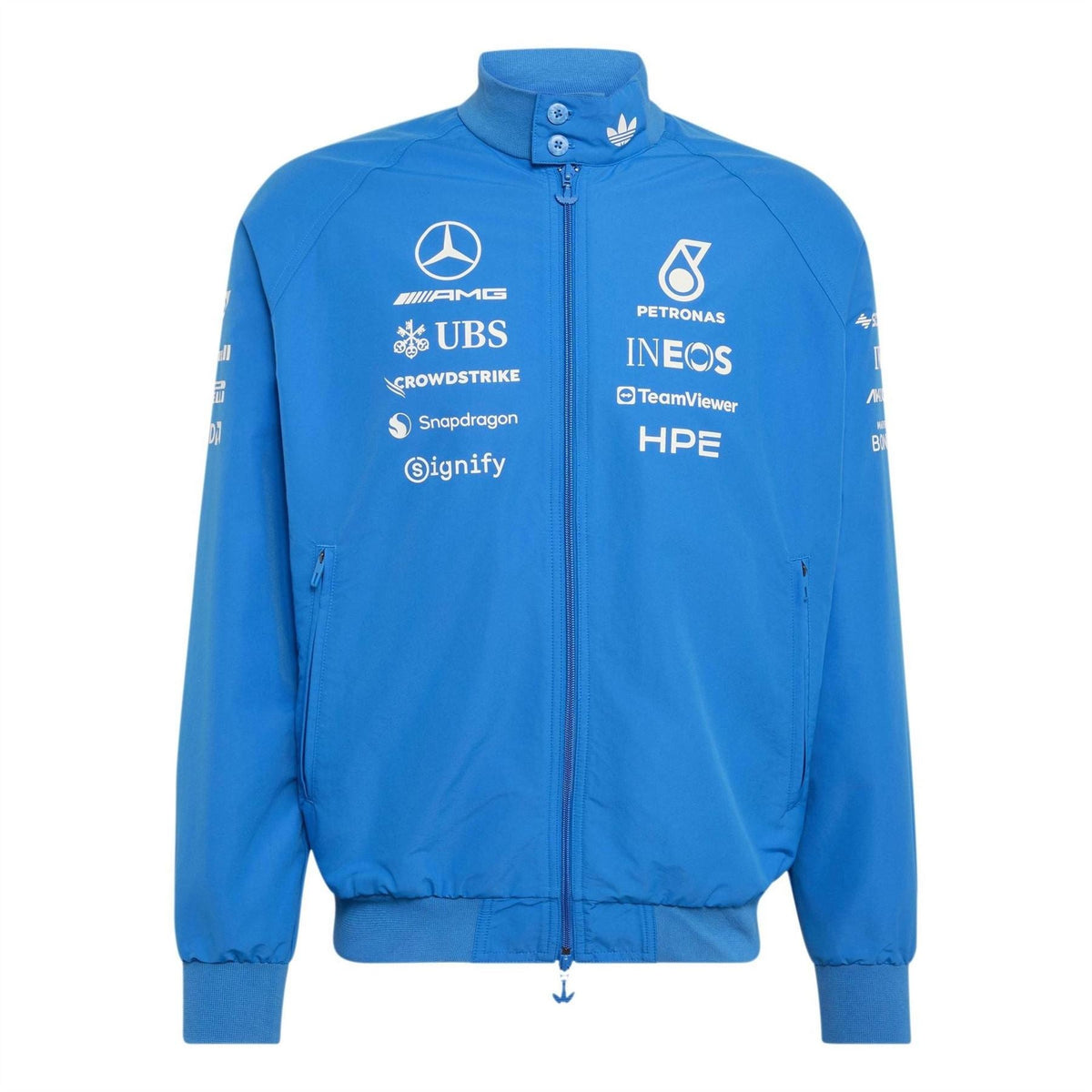 Blue Harrington jacket with front zipper, stand collar, ribbed cuffs, Mercedes Petronas logos.