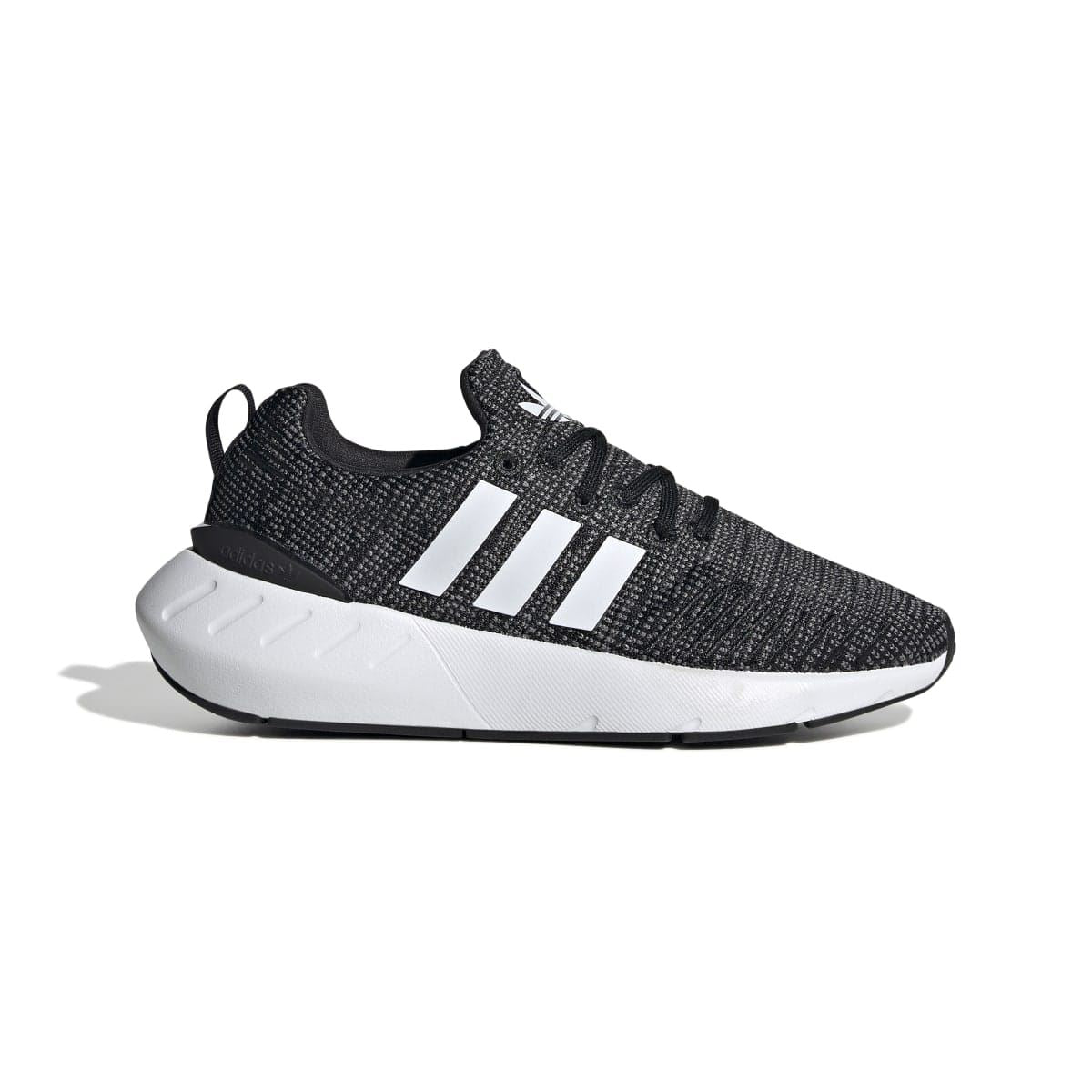 Junior adidas Swift Run 22 trainers, black knit upper with white 3-Stripes, lace-up.