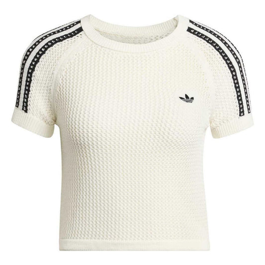 Off-white knitted crochet T-shirt with adidas trefoil logo and black shoulder stripe trims
