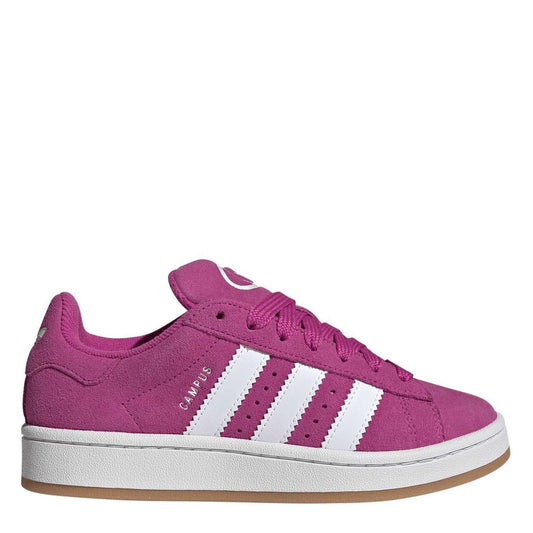 Purple suede low-top trainers with three white adidas stripes and lace-up front