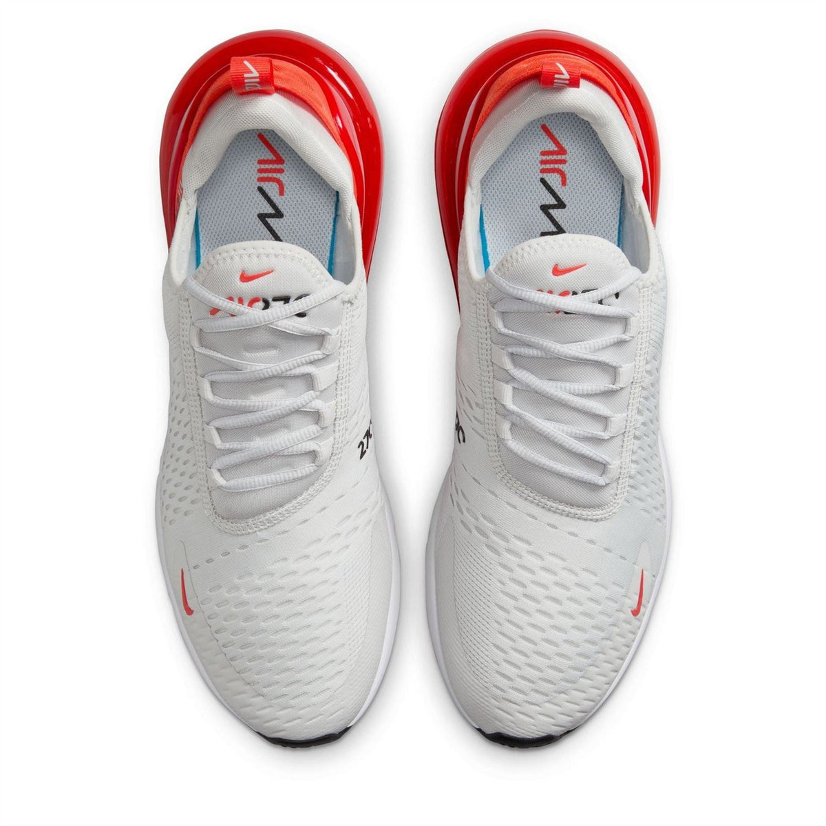 Nike Air Max 270 trainers, front view, white knit upper with red transparent heel